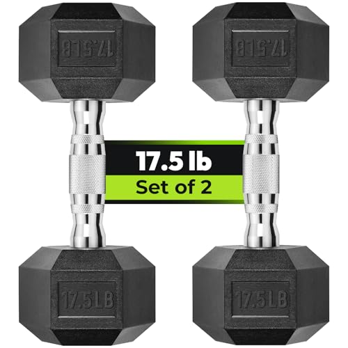 HANDBODE Chrome Handle 17.5 lb Hex Dumbbell Set of 2 Rubber Encased
