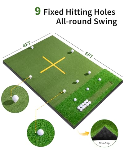 TOSOZE 72x48in Dual-Turf Golf Hitting Mat with Ball Tray & Alignment Guide, 21-50mm Thick Practice Mat for Driving & Chipping