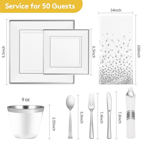 Goodluck 352-Piece Silver Square Plastic Dinnerware Set for 50 Guests - Elegant Party Plates & Tableware