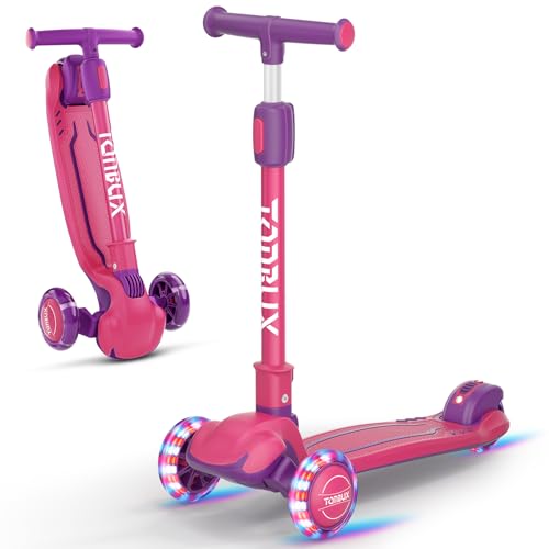 Kids Scooter Light Up 3 Wheel Folding Scooter for Kids 3-12 - Berry Red