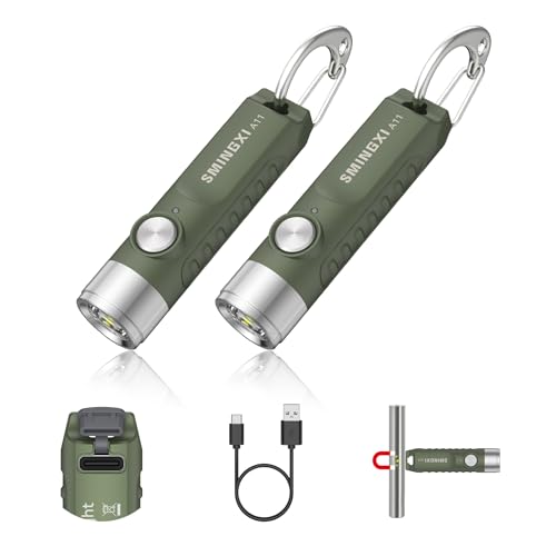 Green Rechargeable Keychain Flashlight - Mini EDC LED with Magnetic Base - 2 Pack