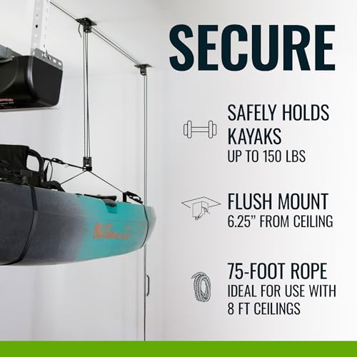 Heavy Duty Kayak Hoist for Garage Ceiling 150 lb Capacity - Teal Triangle