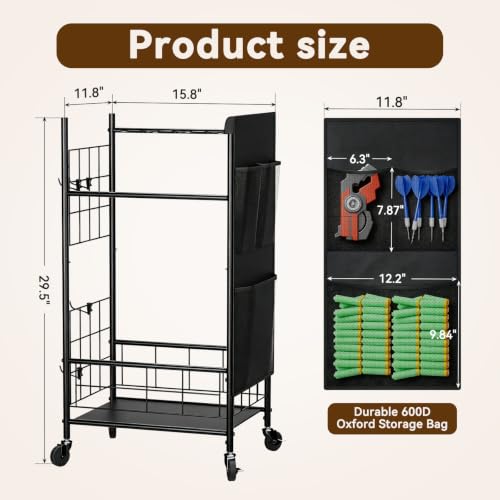Black Toy Gun Storage Rack for Nerf Blasters - Heavy-Duty Organizer with Wheels, Medium