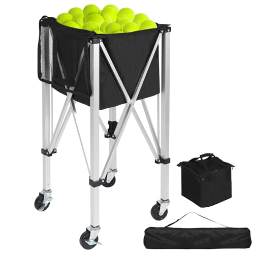 Silver Aluminum Portable Tennis Ball Hopper with 180 Capacity & 4 Wheels - Detachable Oxford Bag, Black