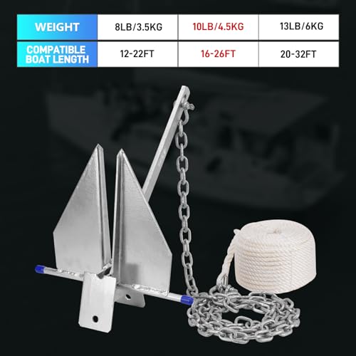 10LB Heavy Duty Boat Anchor Kit with Chain & Rope - Galvanized Marine Anchor