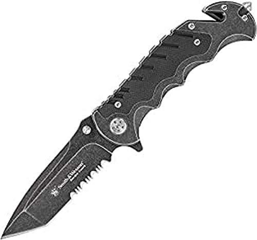 Stonewash Serrated Border Guard Folding Knife - High Carbon Steel, Aluminum Handle, Tactical, Survival, EDC