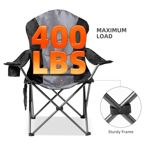Foristrail 2-Pack Heavy Duty Folding Camping Chairs with Lumbar Support & Cup Holders, Black & Light Gray