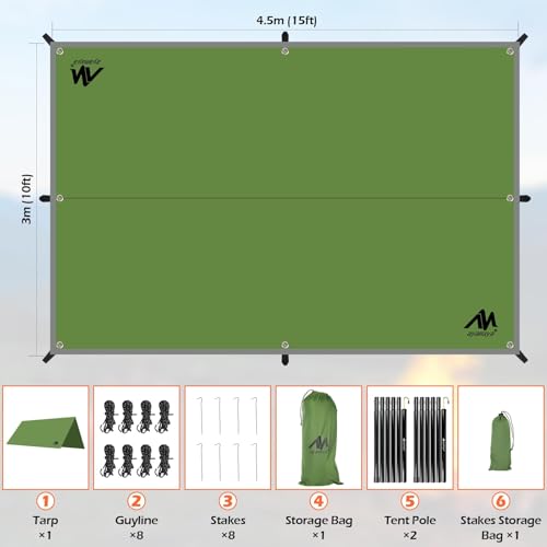 Extra Large Waterproof Camping Tarp 10x15ft with Poles Heavy Duty UV Block & All-Weather Shelter