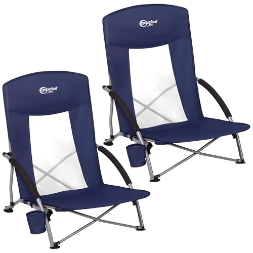 Portable Beach Chair for Adults - Deep Blue 2-Pack Lightweight Folding Camping Chair with Cup Holder & Mesh Back Support