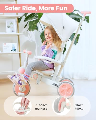 Pink 7-in-1 Foldable Toddler Tricycle for Ages 1-5 with Adjustable Features