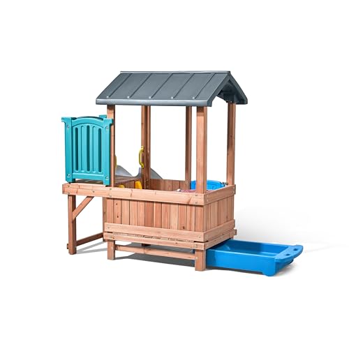 Wooden Kids Playhouse with Slide & Swings Outdoor Playground Set