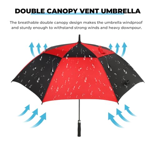 Golf Umbrella 54-72 Inch Windproof Waterproof Double Canopy Auto Open Black/Red 72 Inch