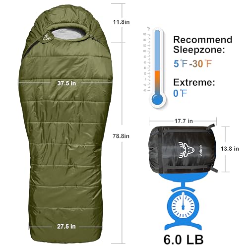 Loden Green 0°F Mummy Sleeping Bag for Adults & Youth - XXL 4-Season Warm Camping