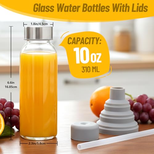 10 oz Glass Juice Bottles Set of 6 Leakproof BPA-Free Reusable with Stainless Steel Lids & Straws