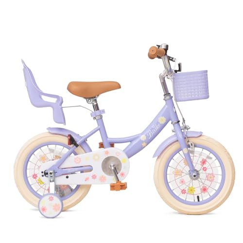 Bixike Girls Bike with Basket & Doll Seat - Purple, 14 Inch, Toddler & Kids Bike for Ages 3-5