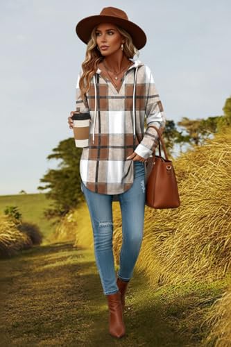 Oversized Hooded Sweatshirt for Women - Medium Plaid Brown Pullover