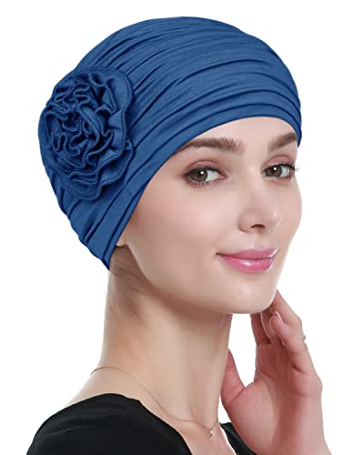 Chemo Hair Loss Cap for Women - Flower Design, Blue, One Size Headwear