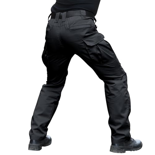 Men's Stretch Tactical Cargo Pants 34W x 32L Water-Resistant Ripstop Outdoor Pants - Black