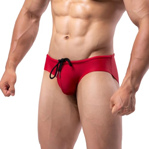 Men's Solid Swim Briefs with Drawstring - Large Red Bikini Swimwear