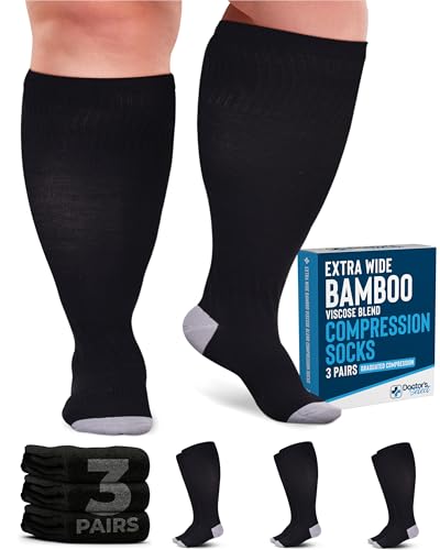 3 Pairs Plus Size Compression Socks Wide Calf Knee High Bamboo Viscose Circulation Support 3X-Large Black