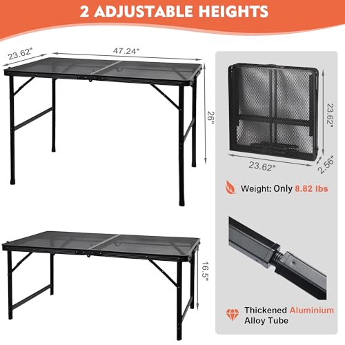 GREGIN 47.24" Folding Camping Grill Table, Portable Outdoor Metal Table, Height Adjustable