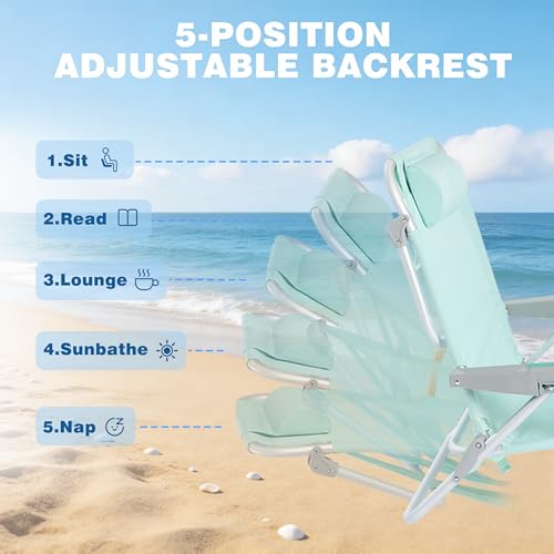 Teal Extra Wide Low Beach Chair 2 Pack - 5-Position Folding Camping Chairs with Cup Holders for Outdoor Sand