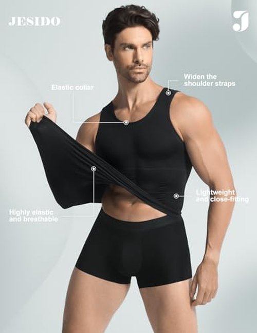 JESIDO 3 Pack Compression Shirt Men Slimming Body Shaper Tummy Control Vest Workout Tank Top Shapewear