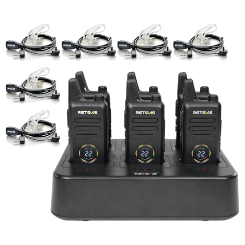 Retevis RT22S Walkie Talkies 6 Pack with Earpieces & 6-Way Charger - Shatterproof Hidden Display, License-Free Two-Way Radio