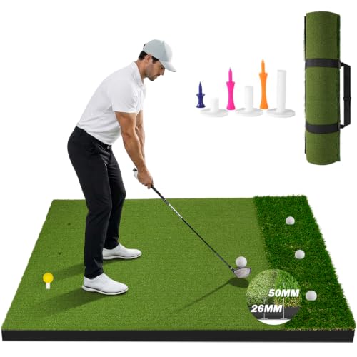 MONOJOY Dark Green 5x4ft Golf Hitting Mat with Dual Turf & Tees
