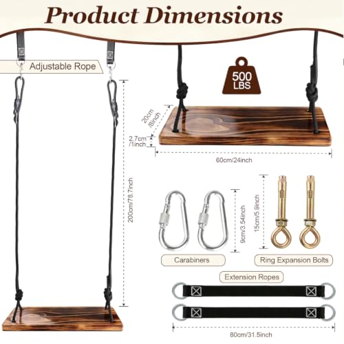 Aspelev 24x8 Carbonized Wooden Tree Swing Seat - Heavy Duty 500 lb Capacity, Adjustable Rope & Straps for Indoor & Outdoor Use