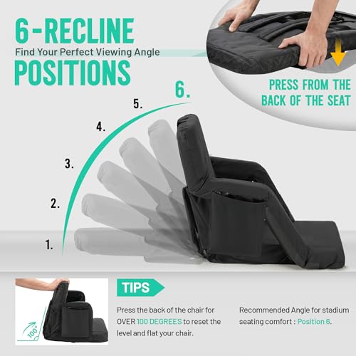 Overmont Stadium Seat with Back Support - Padded Bleacher Cushion, 20.5 Inch, Regular - 6-Position Reclining & Backpack Straps