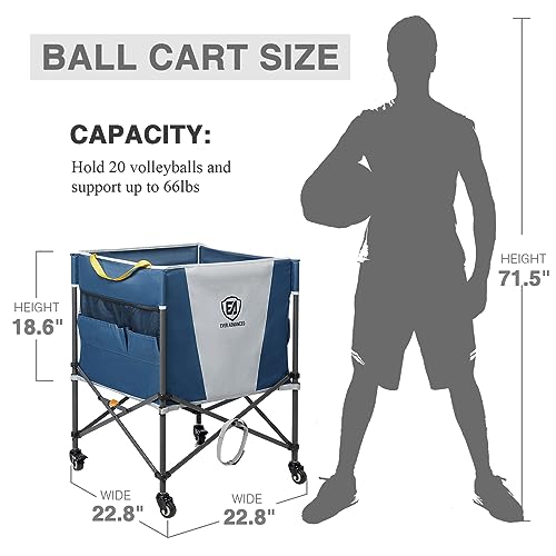 Blue Volleyball Storage Cart with Lockable Wheels, Collapsible Sports Organizer 20 Balls