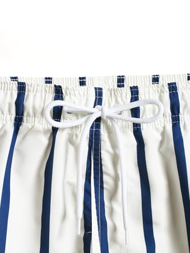 Men's Quick Dry Swim Trunks - Elastic Drawstring Beach Shorts Medium White Striped