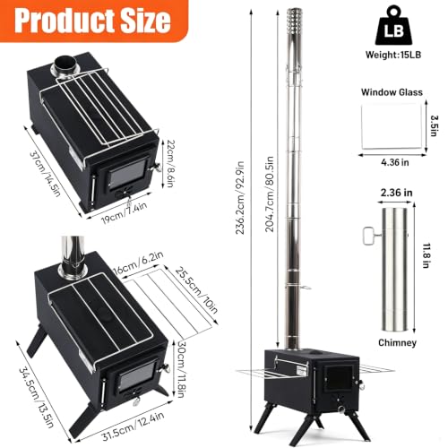 Black Portable Wood Burning Tent Stove with Chimney Pipes for Outdoor Heating and Cooking