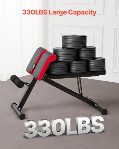 VEVOR Adjustable Foldable Roman Chair Hyperextension Bench for Full Body Workout - Black+Red, 330LB Capacity