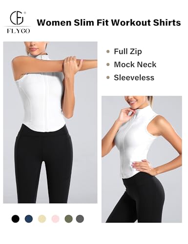 Flygo Women's Full Zip Sleeveless Workout Jacket Vest - Small White