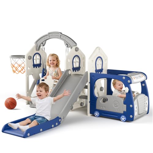 BIERUM 5-in-1 Bus Toddler Playground Set Blue & Gray for Kids 1-3