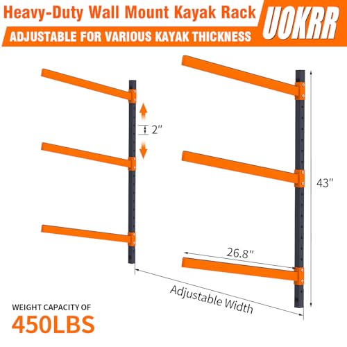 UOKRR 3 Levels Wall Mount Kayak Storage Rack - Heavy Duty Adjustable Indoor/Outdoor Garage Organizer
