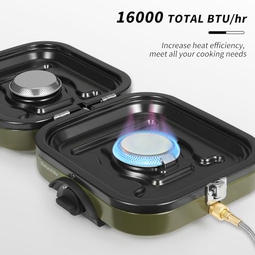 Naturehike Isobutane Gas 2 Burner Folding Camping Stove with Griddle - Green