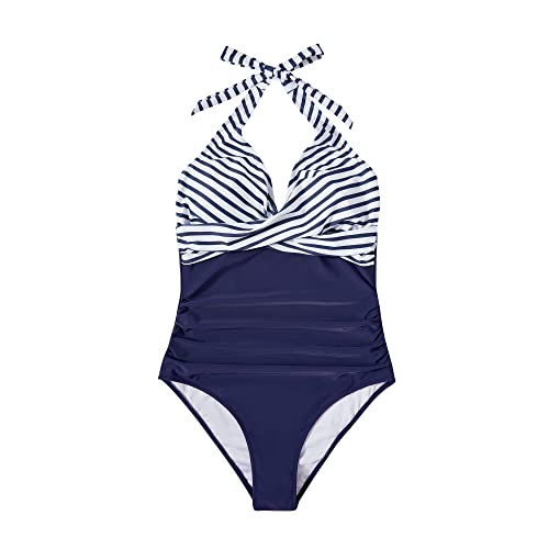 Women Sexy Tummy Control One-Piece Swimsuit Halter Push Up Bathing Suit - Medium, White Blue Striped