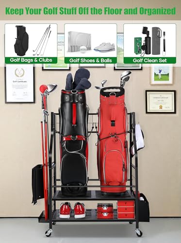 Black Golf Bag Storage Organizer Stand for 2 Bags with Wheels