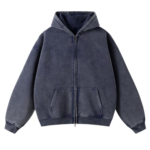 Unisex Double Zip Hoodie Sweatshirt Small Navy Blue Oversized Fleece