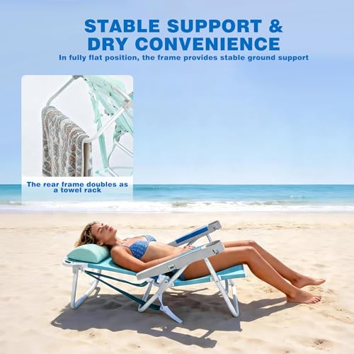 Teal Extra Wide Low Beach Chair 2 Pack - 5-Position Folding Camping Chairs with Cup Holders for Outdoor Sand