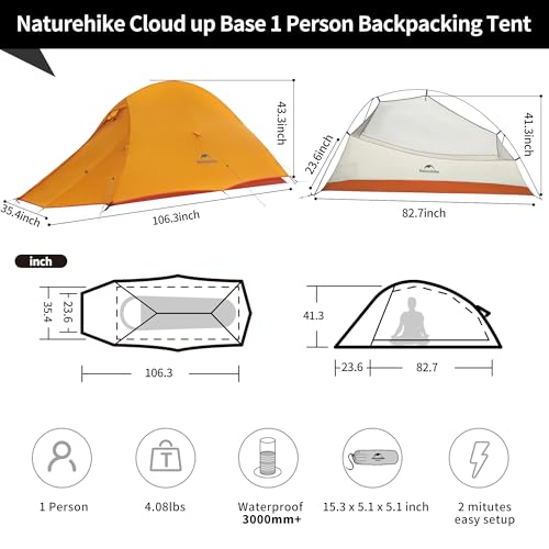 Naturehike Cloud-Up 1 Person Tent - Bright Orange Lightweight Waterproof Backpacking Tent