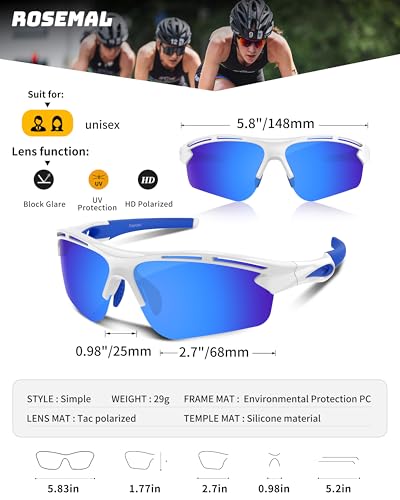 Rosemal Polarized Sunglasses for Men Women Sport Run Cycling Sun Glasses Whiteblue Frame Blue Lens