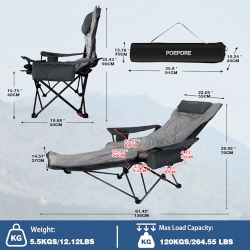 POEPORE Grey 4-Position Reclining Camping Chair with Footrest & Cooler Bag