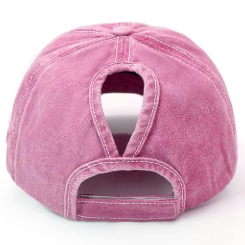 Pink Messy Bun Ponytail Baseball Cap for Women - Washed Cotton Hat