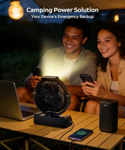 Black Large Portable Camping Fan with 20000mAh Power Bank & Light