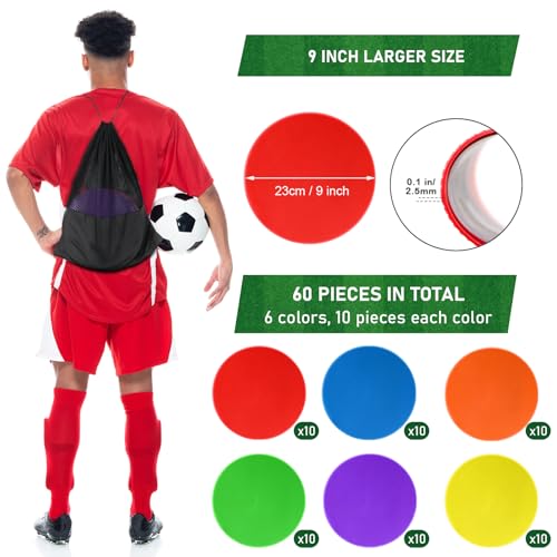 9 Inch Poly Spot Markers Set of 60 Non-Slip Rubber Floor Dots for Gym Sports Training
