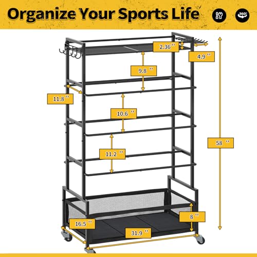 SOYEEZE 5-Tier Sports Equipment Organizer Ball Storage Rack with Hooks